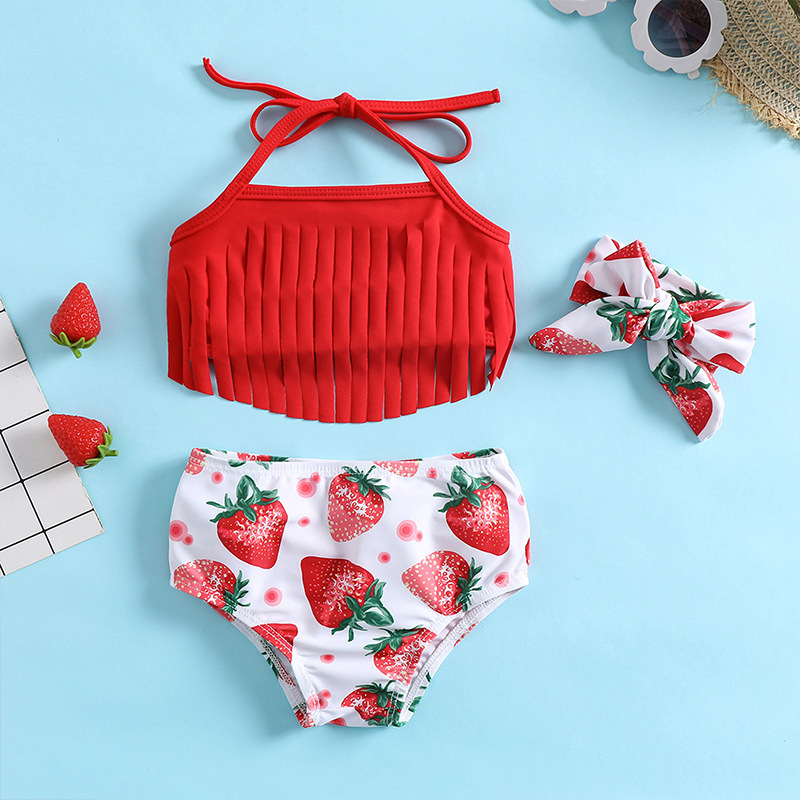女童小宝宝红色吊带三件套装分体玩水衣服夏季婴幼儿童沙滩游泳衣