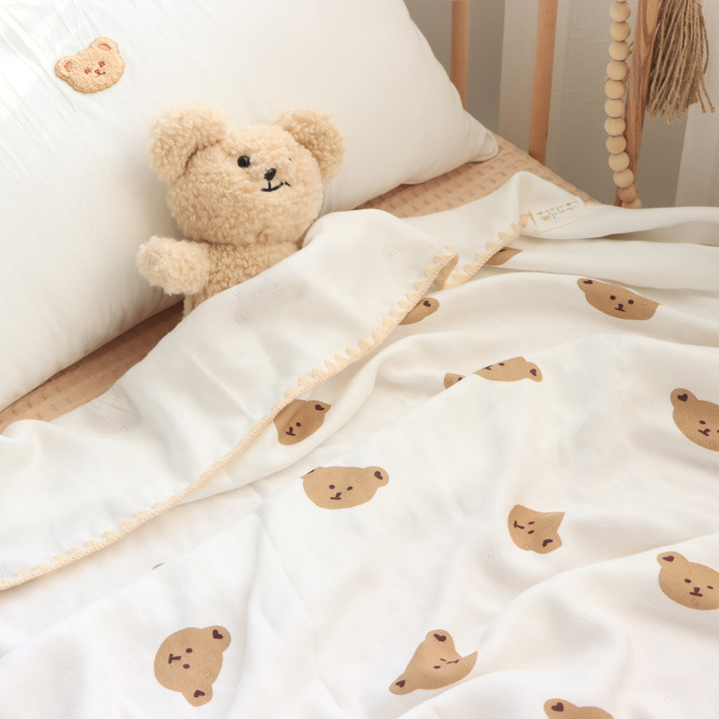 ins风韩国小熊印花婴儿盖毯竹纤维毛毯幼儿园新生儿童夏季小被子