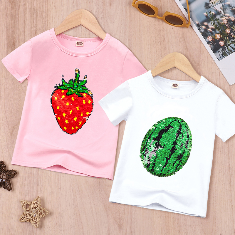女童夏季薄款草莓T恤儿童西瓜双面变色亮片短袖2024童装大童上衣