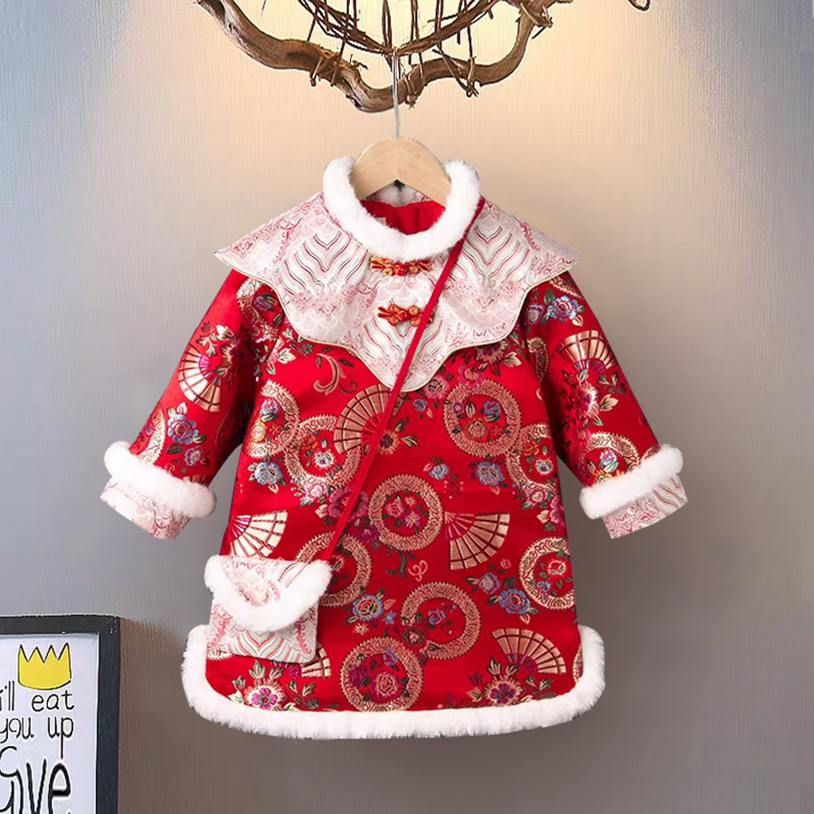 拜年服女童冬季周岁礼服女宝宝冠衣加厚棉服汉服儿童改良中式旗袍