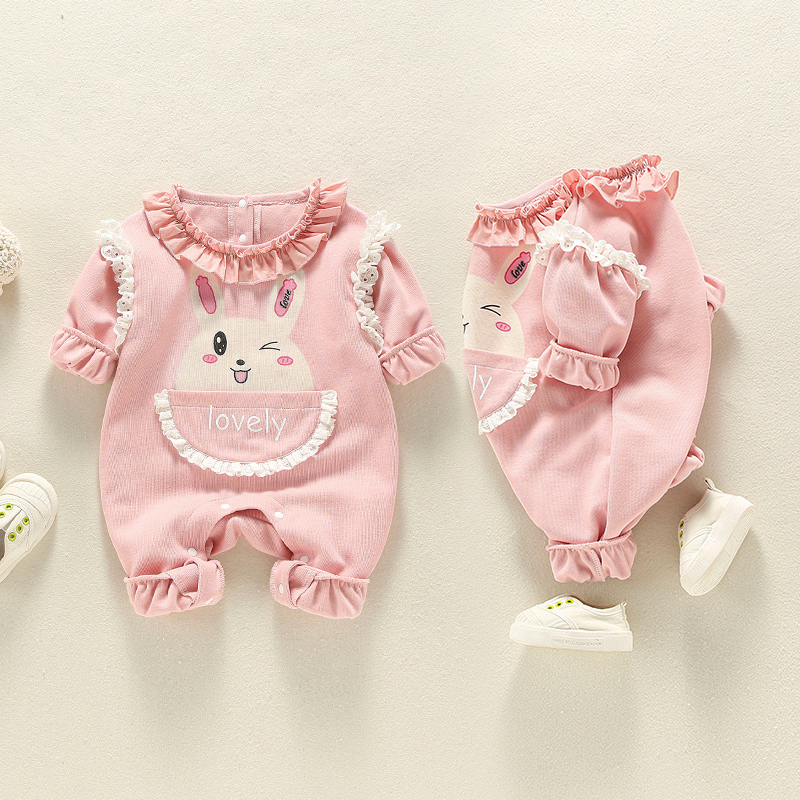 婴儿长袖衣服可爱0-6-9个月女宝宝外出爬服8满月纯棉公主连体衣秋