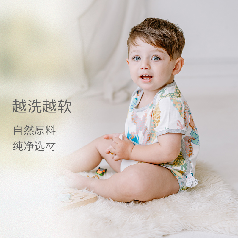 Nest Designs婴儿双层纱布短袖包屁衣春夏无袖和尚衣新生儿宝宝