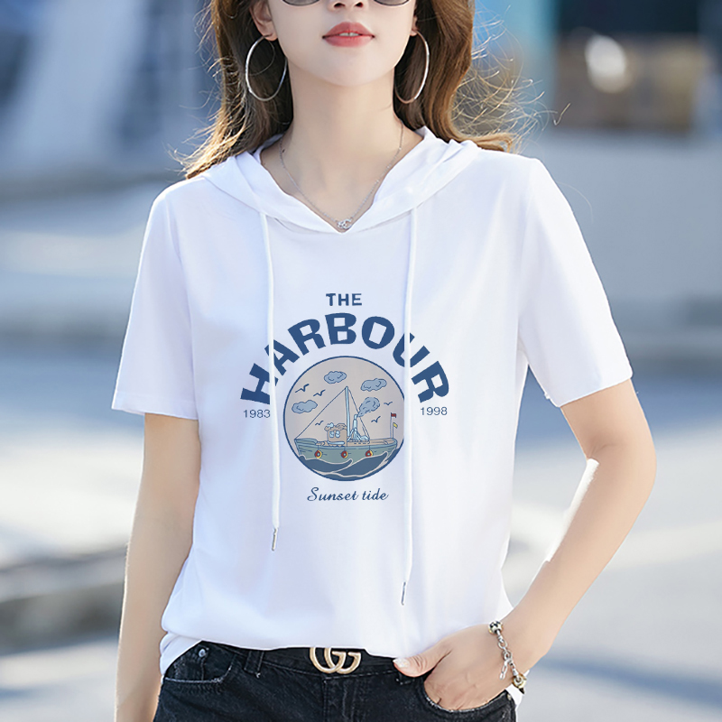 白色连帽短袖t恤女夏季宽松设计感小众韩系chic别致甜美女装上衣