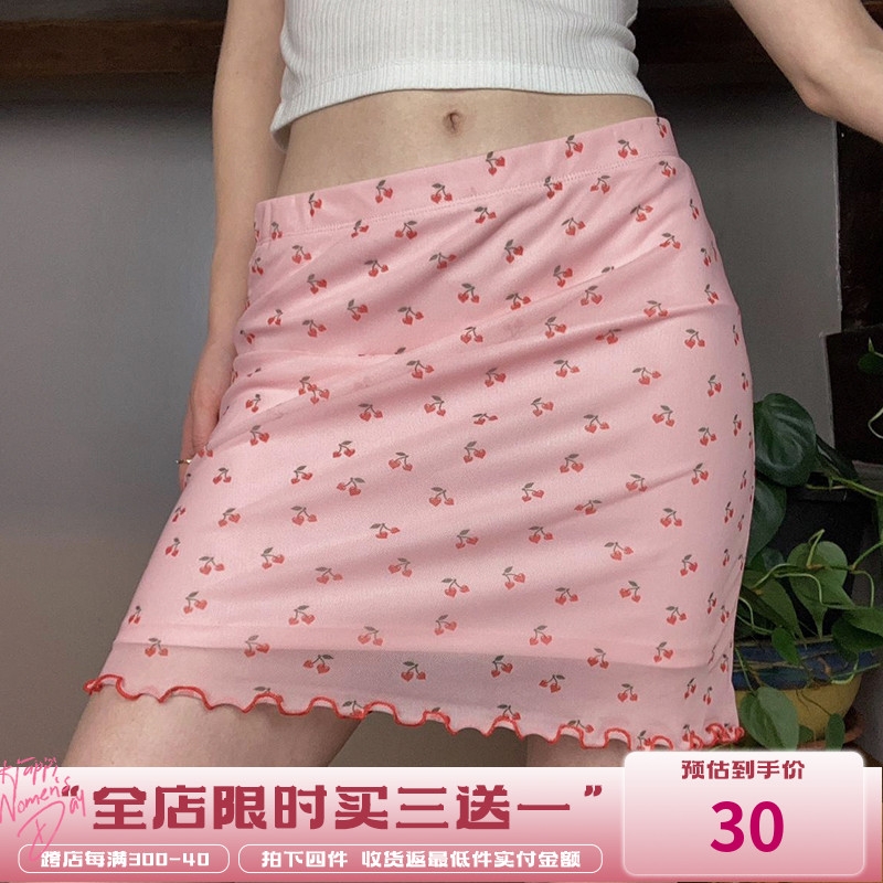 WEEKEEP【初春之恋】粉色樱桃印花网纱短半裙甜美可爱纯欲半身裙
