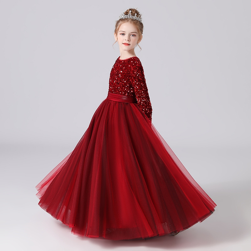 儿童礼服女孩主持礼服高端演出服酒红色钢琴考级女童纱公主裙