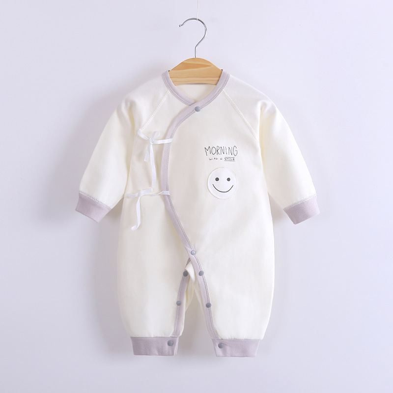 日本进口新生儿内衣棉偏襟系带哈衣0-3月宝宝四季款婴儿连体衣