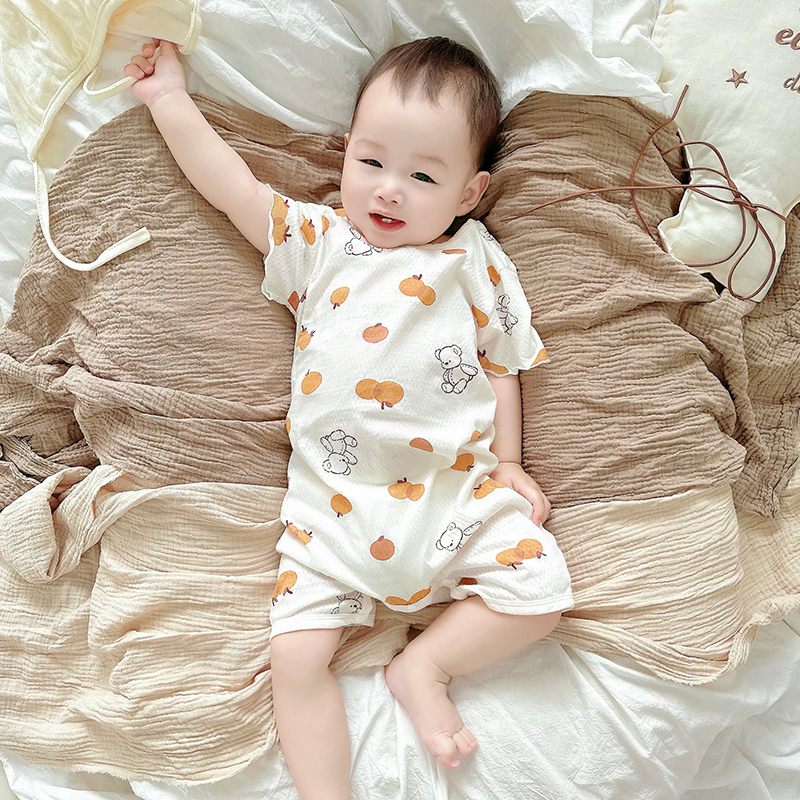 婴儿男童短袖哈衣新生儿纯棉薄款爬服连体衣女宝宝0-2岁夏季睡衣