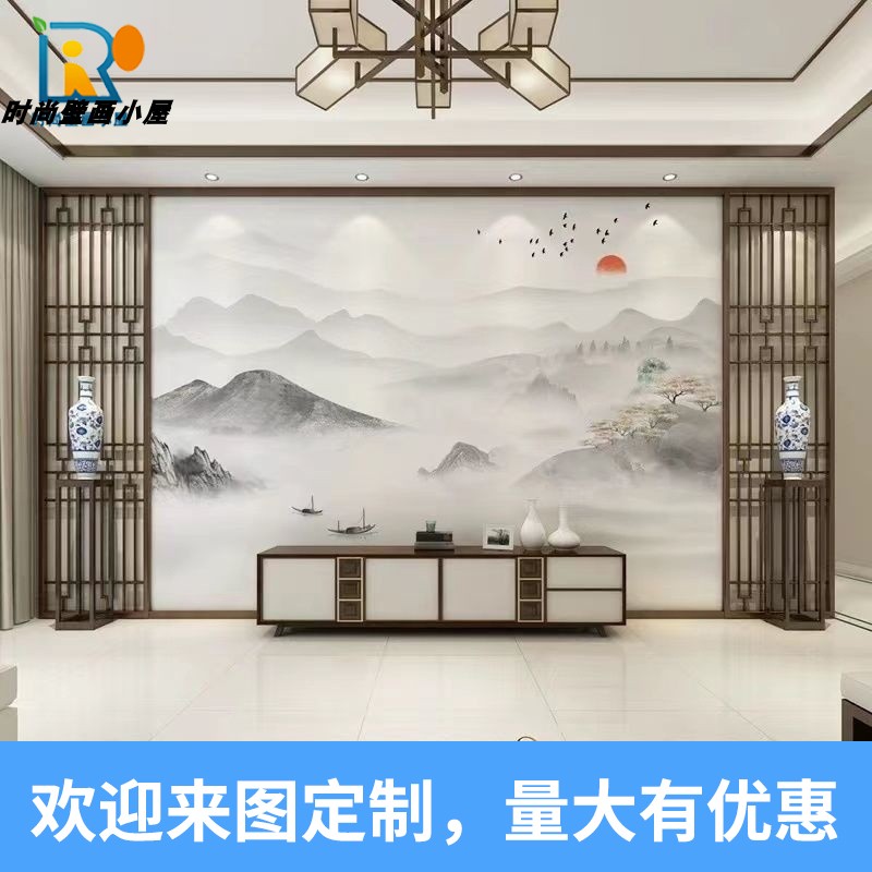 新中式电视背景墙集成板水墨山水画扣板竹木纤维板客厅Z影视护墙