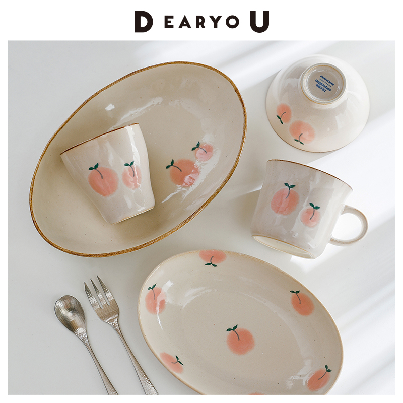 日本进口IZAWA马克杯可爱桃子水杯饭碗餐盘家用餐盘手作陶瓷餐具