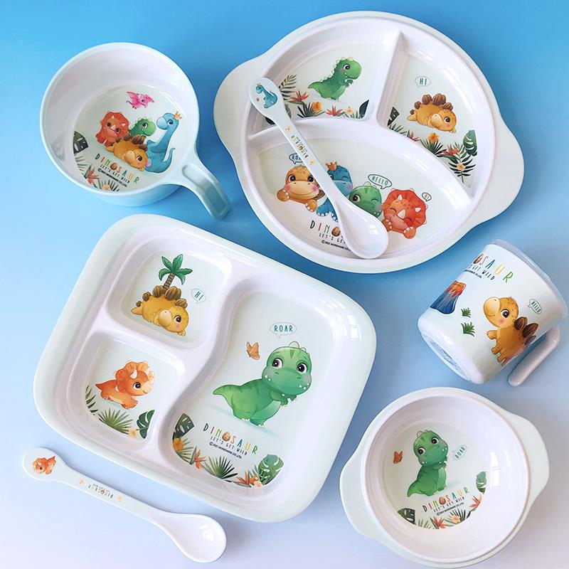 五和儿童碗恐龙宝宝餐具餐盘分格男孩卡通家用婴儿辅食吃饭专用碗