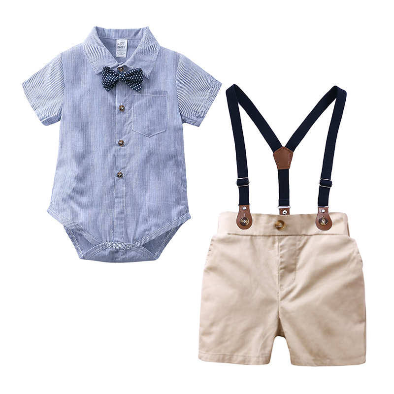 夏季童装宝宝套装男0-1-3岁婴儿衣服短袖领结哈衣背带裤周岁服潮