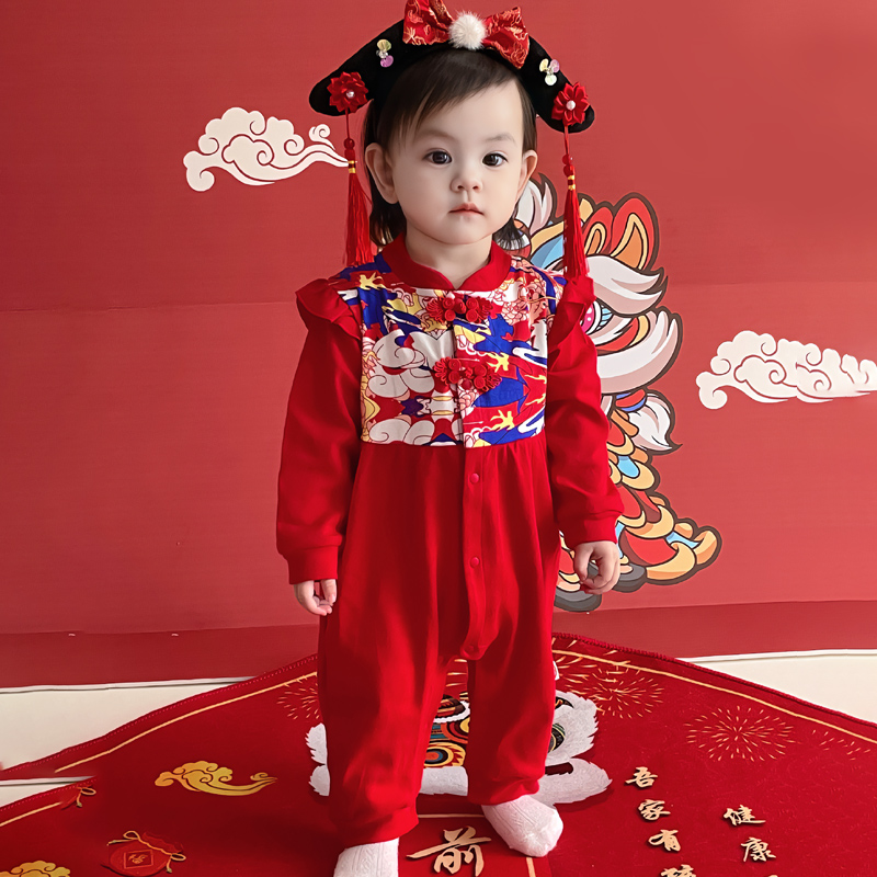 女宝宝周岁礼服抓周宴服国潮婴儿中国风红色连体衣长袖女童秋季装