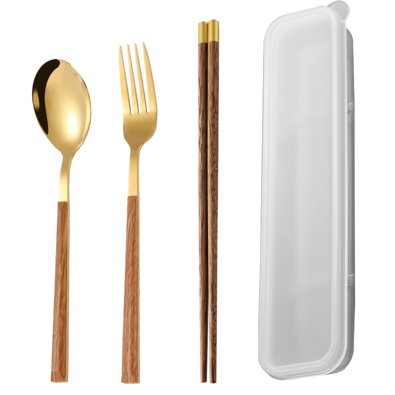 便携实木筷子勺子叉子三件套学生套装一人用餐具收纳盒旅行装户外