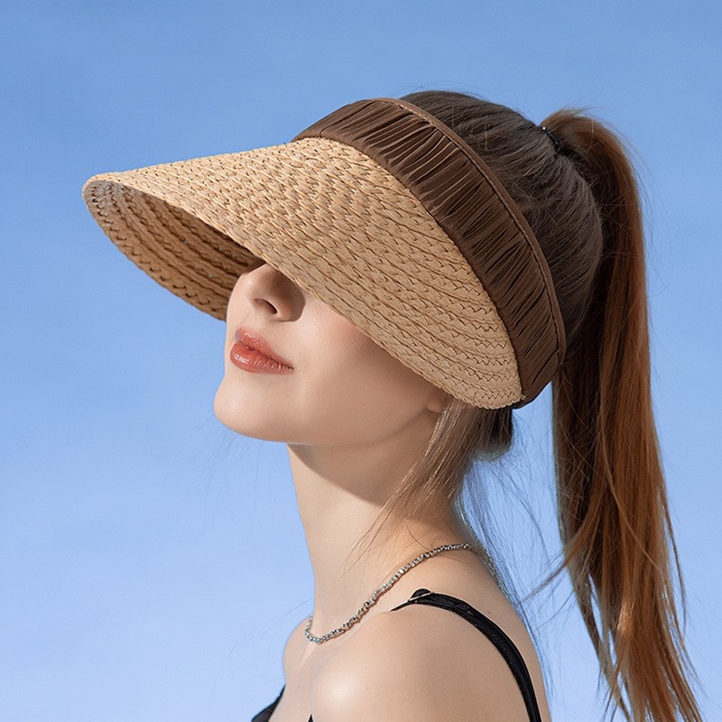 大檐拉菲草空顶帽子女夏季可折叠海边度假遮阳防晒帽遮脸太阳帽潮