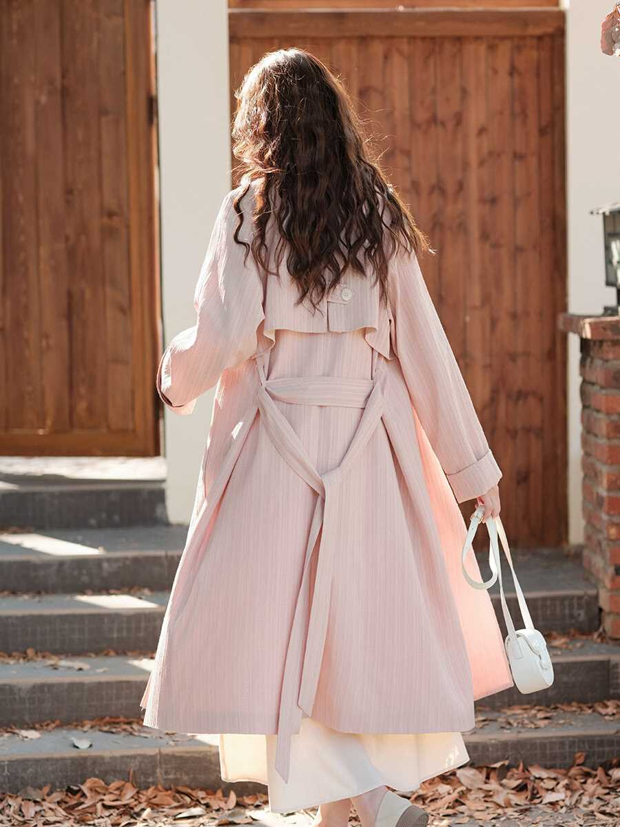 粉色风衣外套女2023新款秋季中长款小个子高级感气质大衣