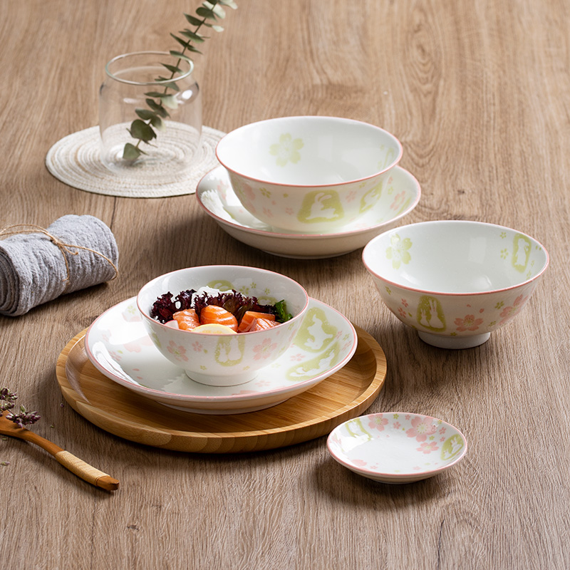 和彩釉下彩陶瓷餐具和风家用生肖福兔子卡通米饭碗面碗菜盘深盘子