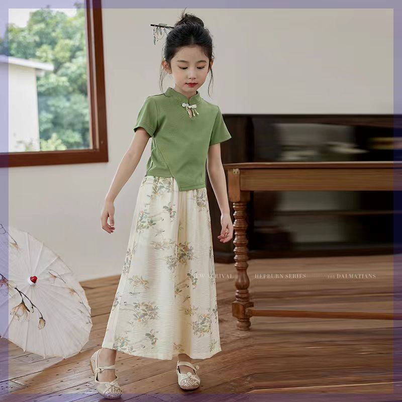 女童夏季中式国风套装2024新款中大童洋气盘扣短袖儿童长裤两件套
