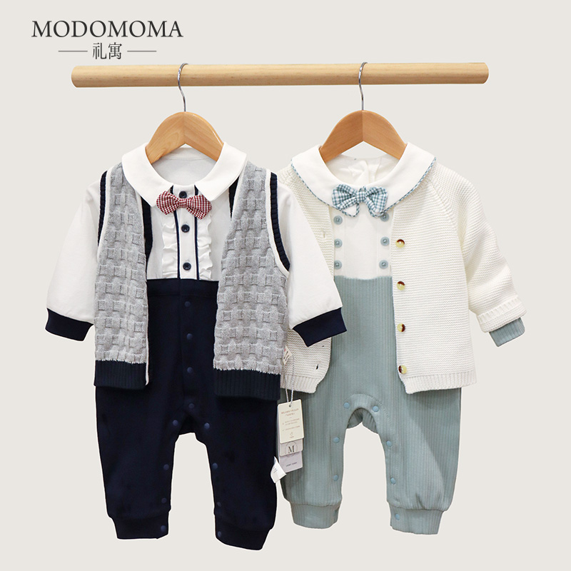 modomoma新生儿用品婴儿衣服春装绅士男宝针织棉线开衫爬爬服套装