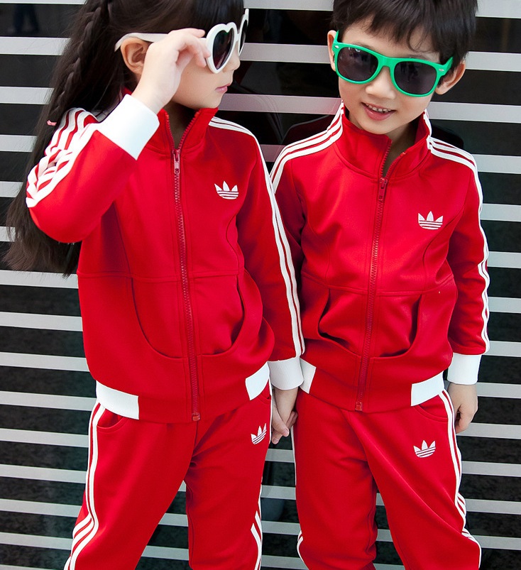 《红潮国货》春夏新款儿童两件套装男女童装三道杠校服红色运动服