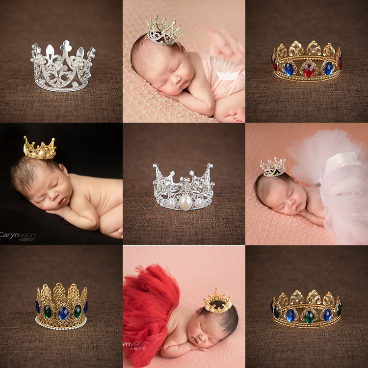巴洛克新生儿满月百天儿童金银色珍珠宝石摄影小皇冠头饰王冠多款