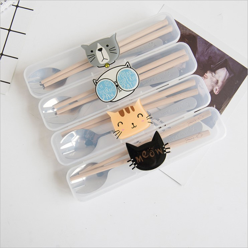 便携餐具筷子勺子套装可爱三件套学生叉子儿童筷盒木单人卡通收纳