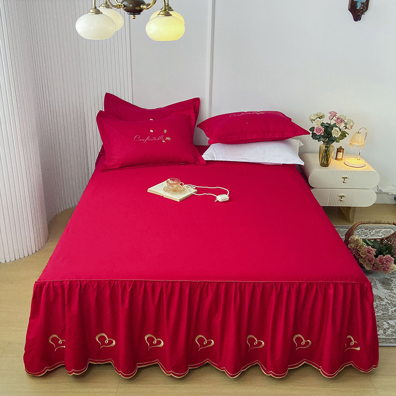 纯棉韩版床裙单件公主风防滑床罩三件套纯色刺绣大红全棉花边床单