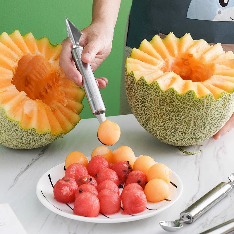 三合一水果挖球器不锈钢切西瓜勺子果蔬雕刻模具做水果拼盘的工具