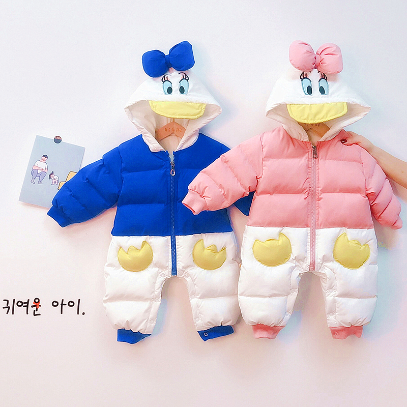 冬韩版男女小童卡通羽绒棉服连体哈衣婴儿冬季爬服外出外套棉袄暖