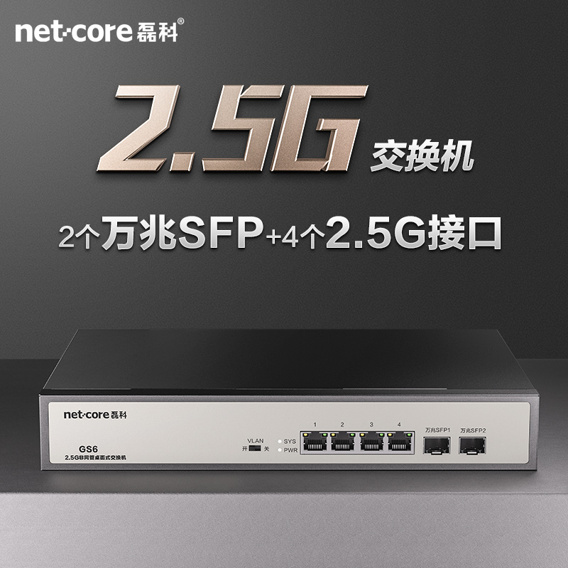 netcore磊科4/8口2.5G交换机2个10G万兆SFP光口支持向下兼容千兆家用安防监控网线分流器即插即用GS6