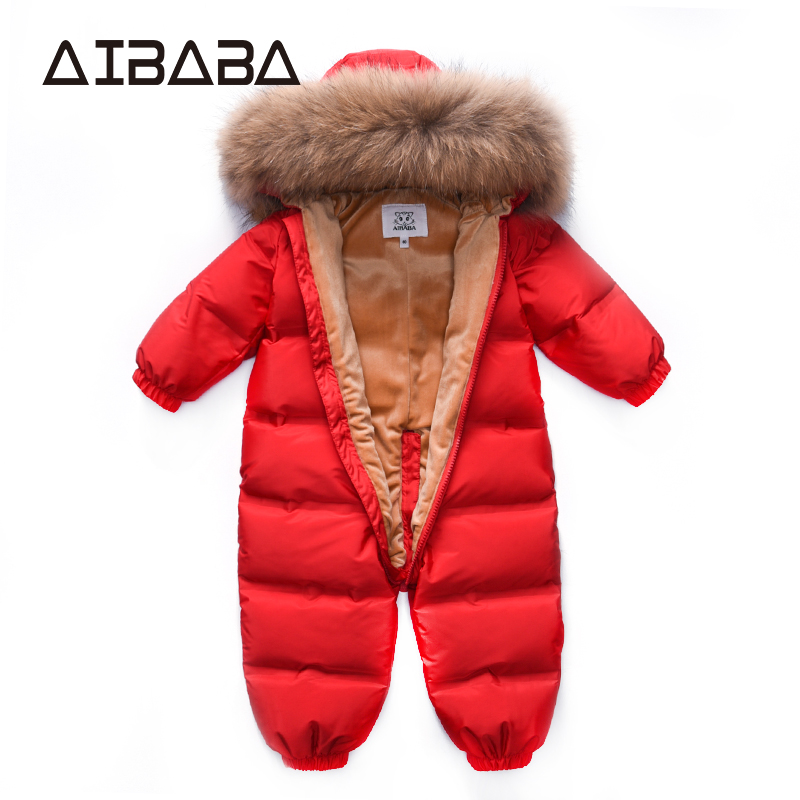 AIBABA冬季新款婴儿连体衣羽绒服貉子毛领男女童哈衣宝宝加厚爬服
