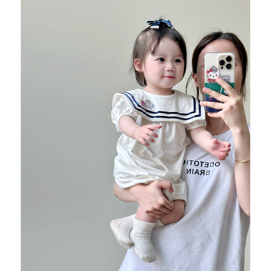 婴儿海军领连体衣0-2岁夏季韩国童装女宝宝超萌短袖哈衣包屁爬服