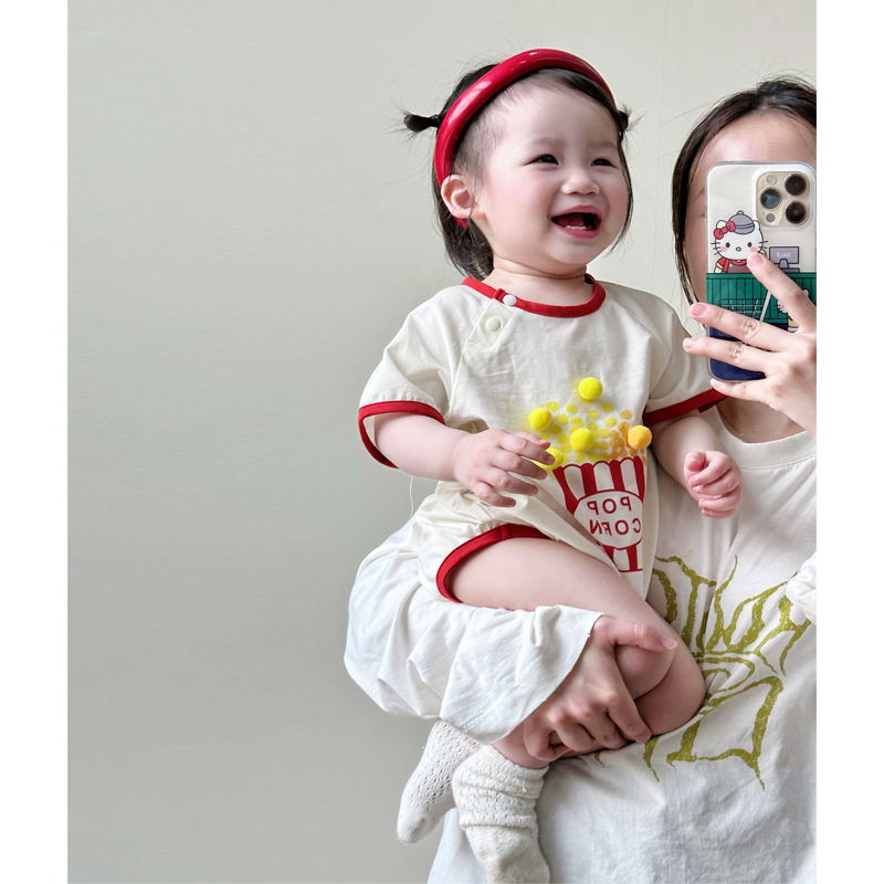 韩国童装婴儿哈衣夏款爆米花短袖爬爬服可爱超萌外出服包屁连体衣