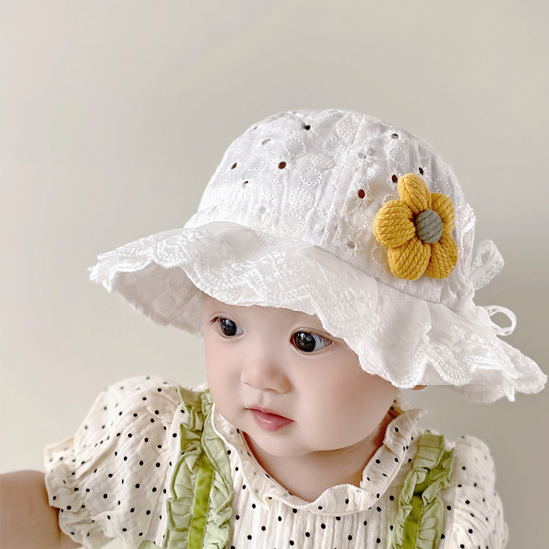 2024宝宝帽子遮阳防晒薄款透气花朵可爱女童夏季蕾丝花边婴儿帽子