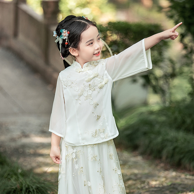 女童2024唐装汉服套装仙女洋气宝宝中国风儿童两件套仙女表演古筝