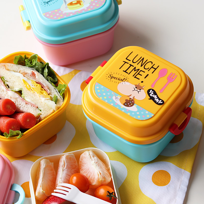 可爱小熊仓鼠猫咪宝宝水果盒 小容量双层便当饭盒 早餐盒鸡蛋包子