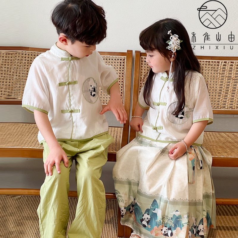儿童汉服夏装女童超仙新中式熊猫马面裙中国风唐装男童国学兄妹装