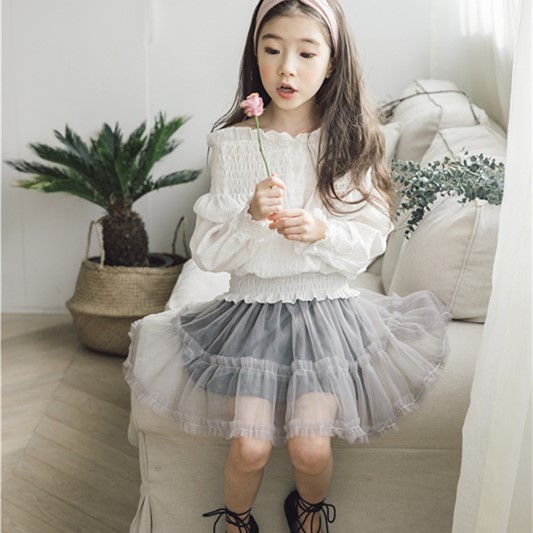 韩版儿童童装2022春夏新款百褶网纱裙子中大女童宽松短裙 半身裙
