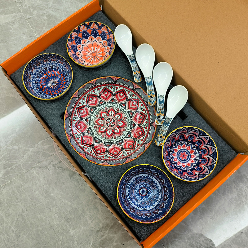 新疆民族风彩绘陶瓷碗盘套装酸奶茶碗米饭碗碟子勺子菜盘餐具套碗