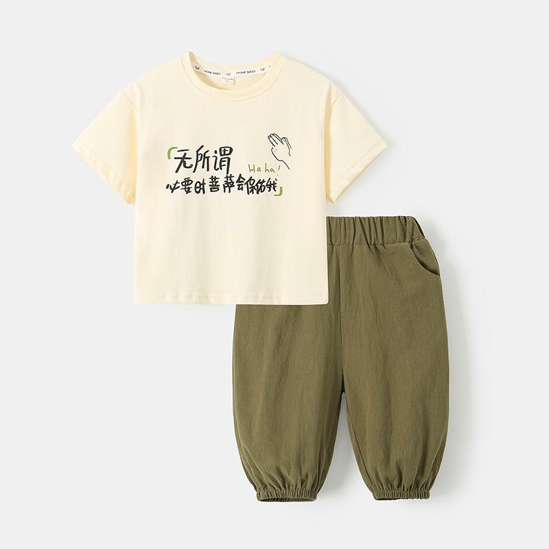 小童新款洋气夏季男童女童宝宝短袖套装儿童潮童休闲裤子两件套