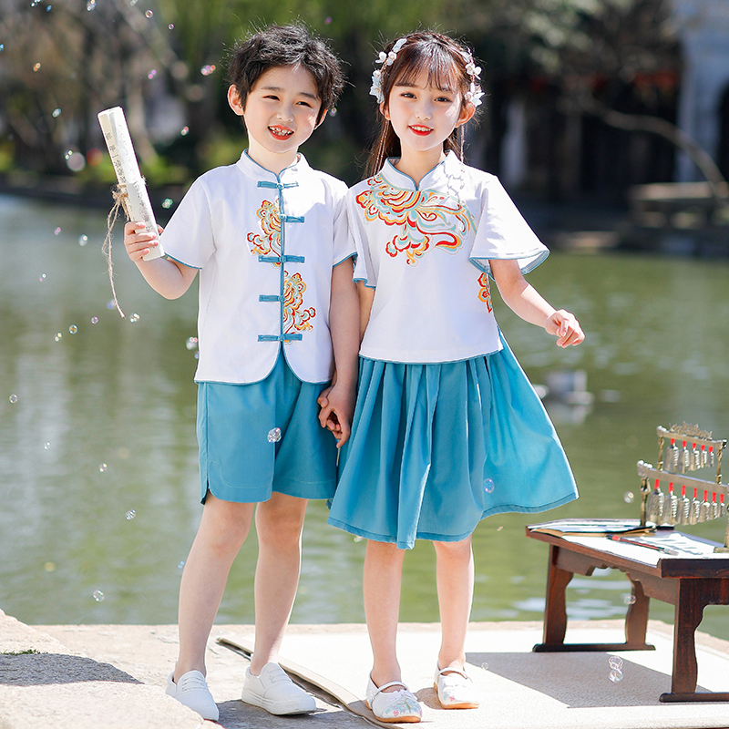 现货速发儿童中国风汉服男童夏季唐装女童幼儿园班服短袖演出服小