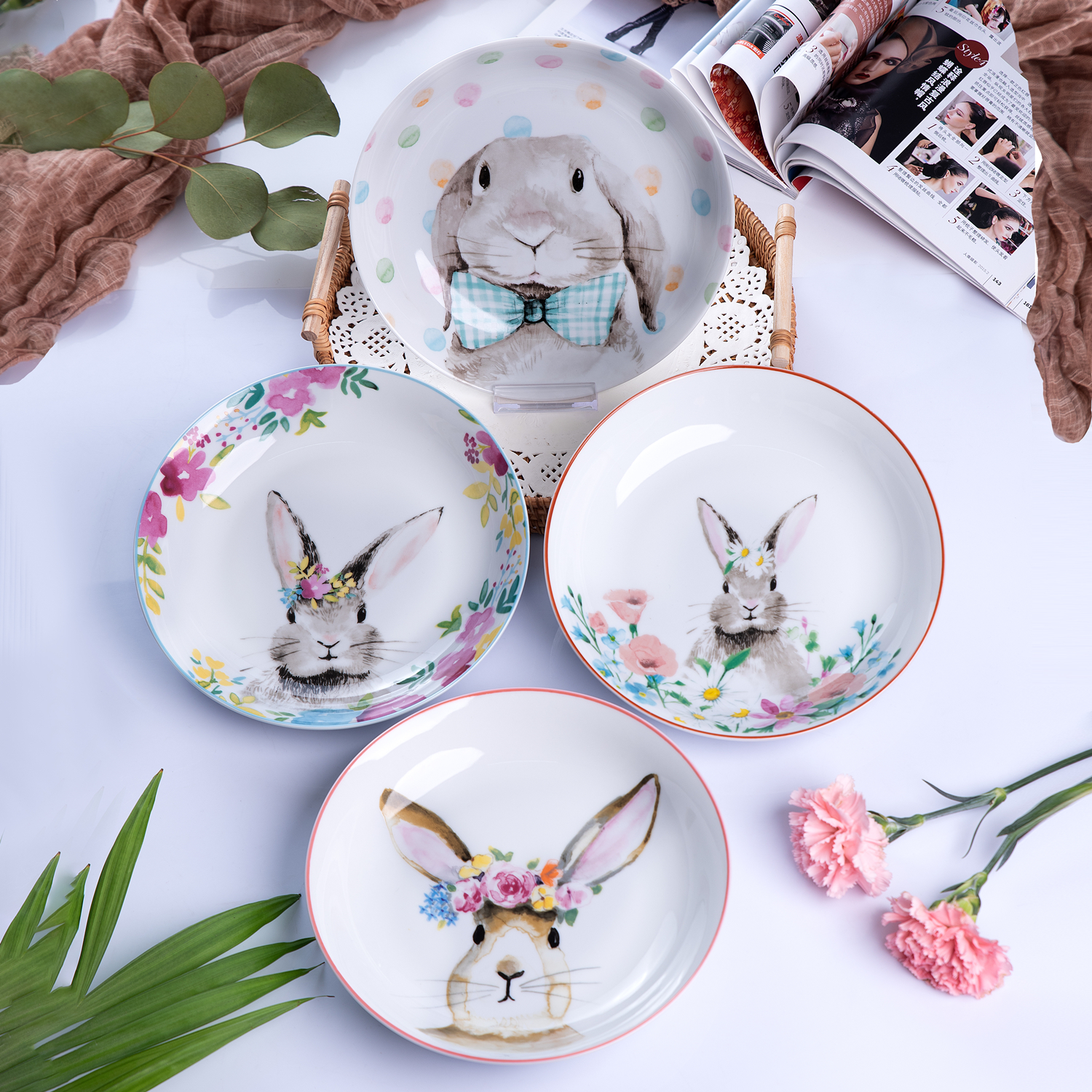 2023兔年兔子个性可爱套菜盘家用网红水果深餐盘卡通陶瓷餐具碟子