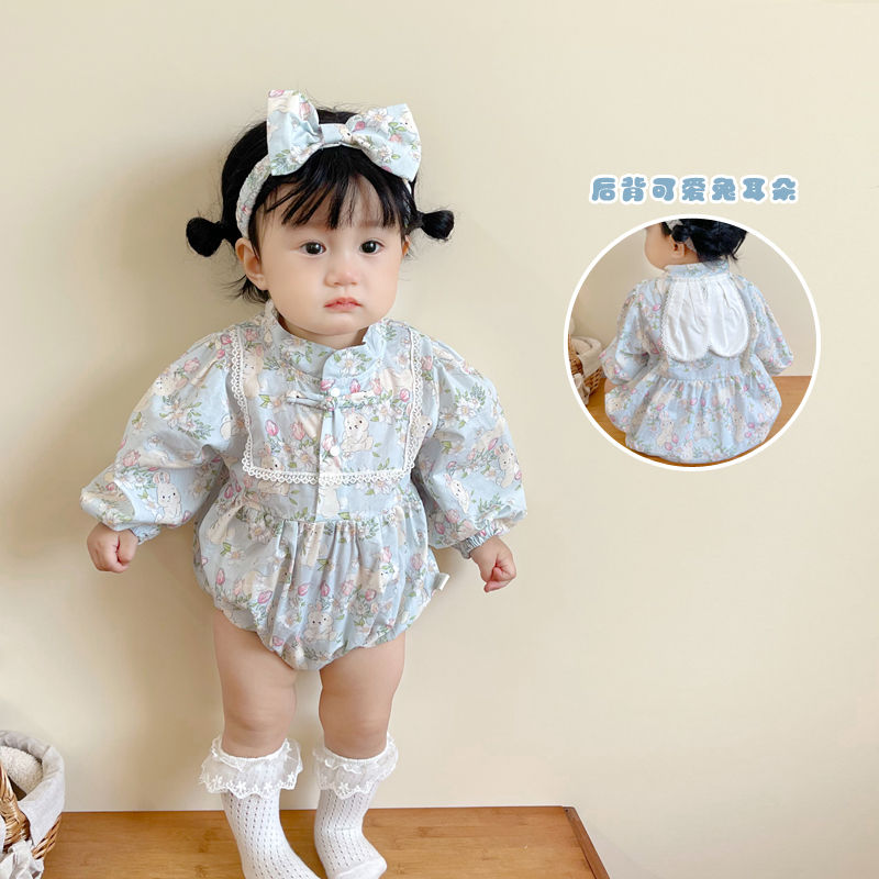 春季新款韩版婴儿碎花包屁衣女宝宝可爱兔耳朵连体哈衣爬服送发带