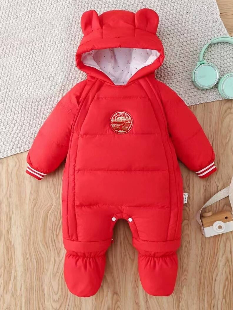 婴儿过年喜庆羽绒服大红色新年2024年龙宝宝3-6个月拜年棉服连体