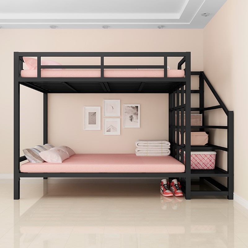简约现代铁艺上下铺阁楼床高架床小户型儿童双层带楼梯铁床上下床