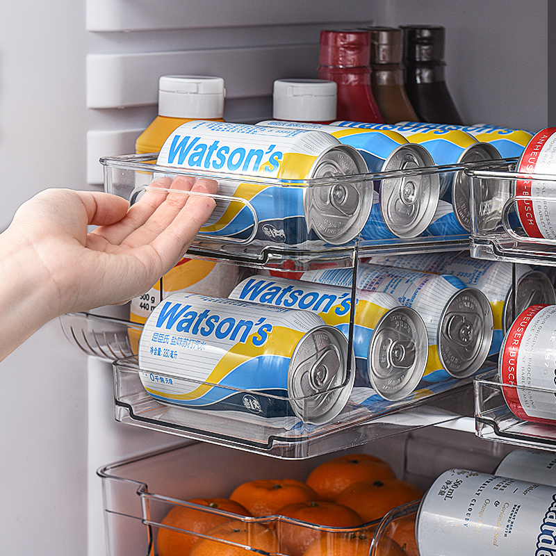 日式冰箱收纳盒塑料透明可乐易拉罐啤酒整理收纳架双层滚动储物架