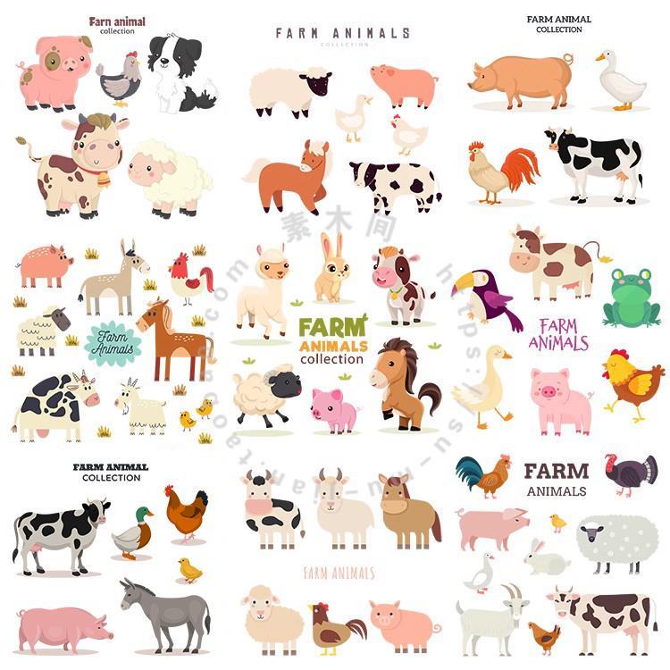 卡通农场动物 扁平化可爱猪牛羊鸡鸭兔子马 AI格式矢量设计素材