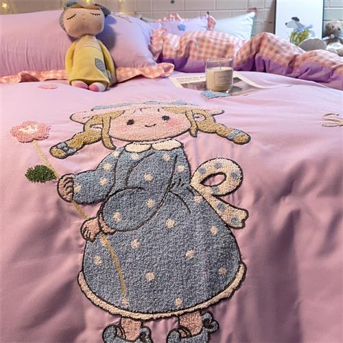速发公主风紫色床裙花边刺绣水洗棉床上四件套少女儿童小女孩床单