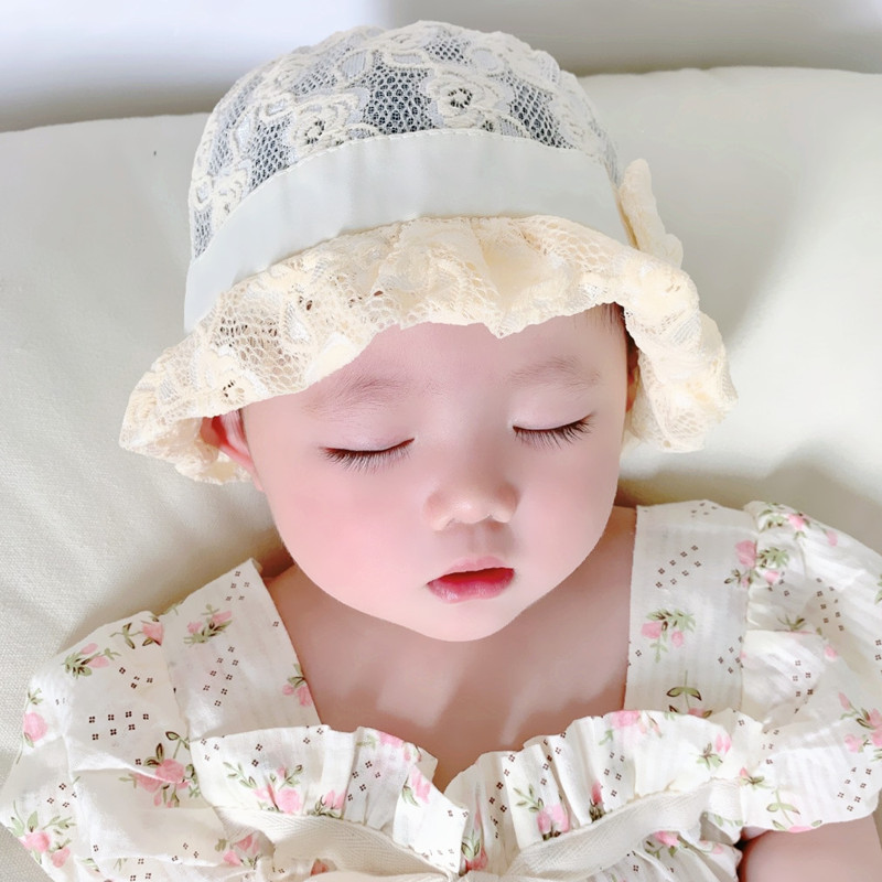 宝宝蕾丝帽子春夏薄款蝴蝶结公主可爱女童洋气婴儿遮阳渔夫帽