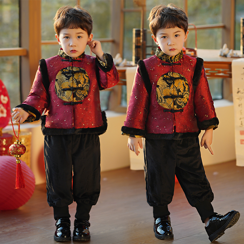 庆套装过加绒男孩汉服男童中国风儿童唐装冬衣服年拜年喜款冬季服