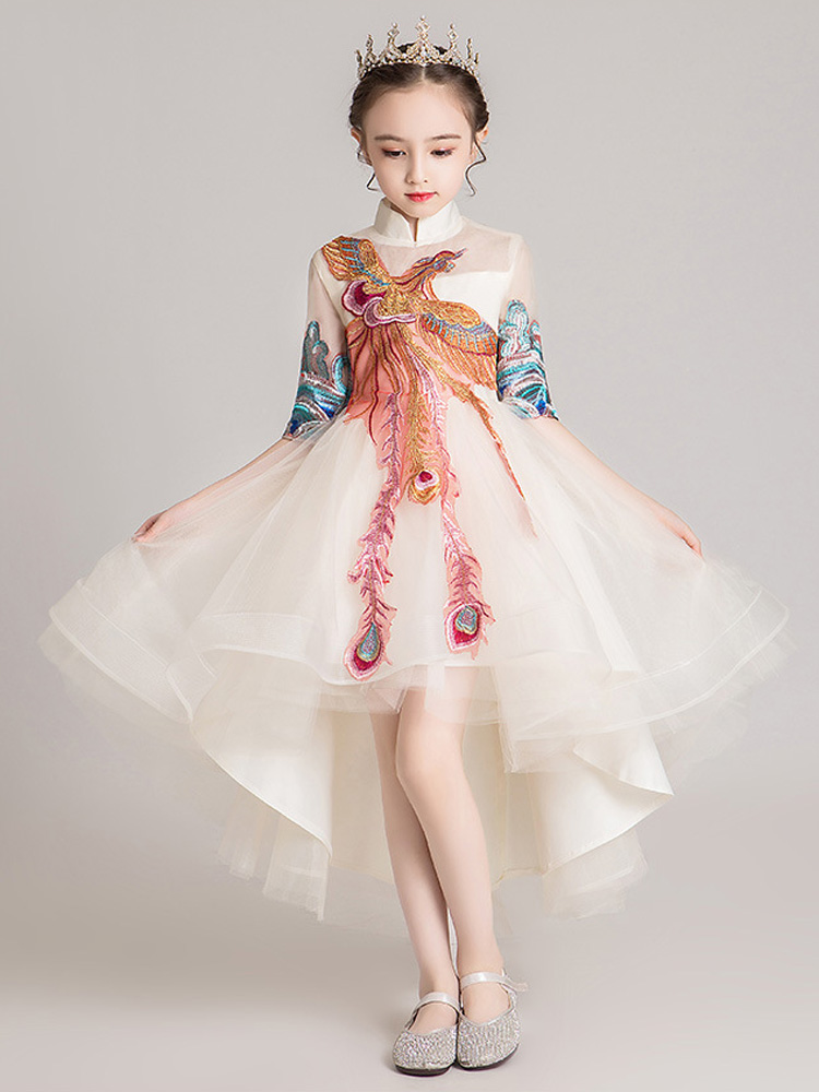 大童儿童女童主持古筝高端拖尾中式走秀演出服中国风礼服旗袍